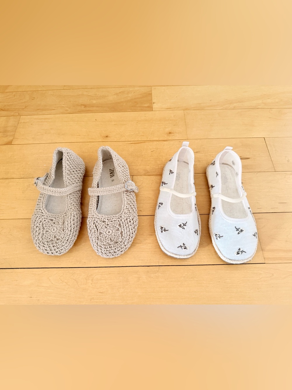 Zara Kids Beige Crochet Mary Jane & White Floral Mesh Mary Janes